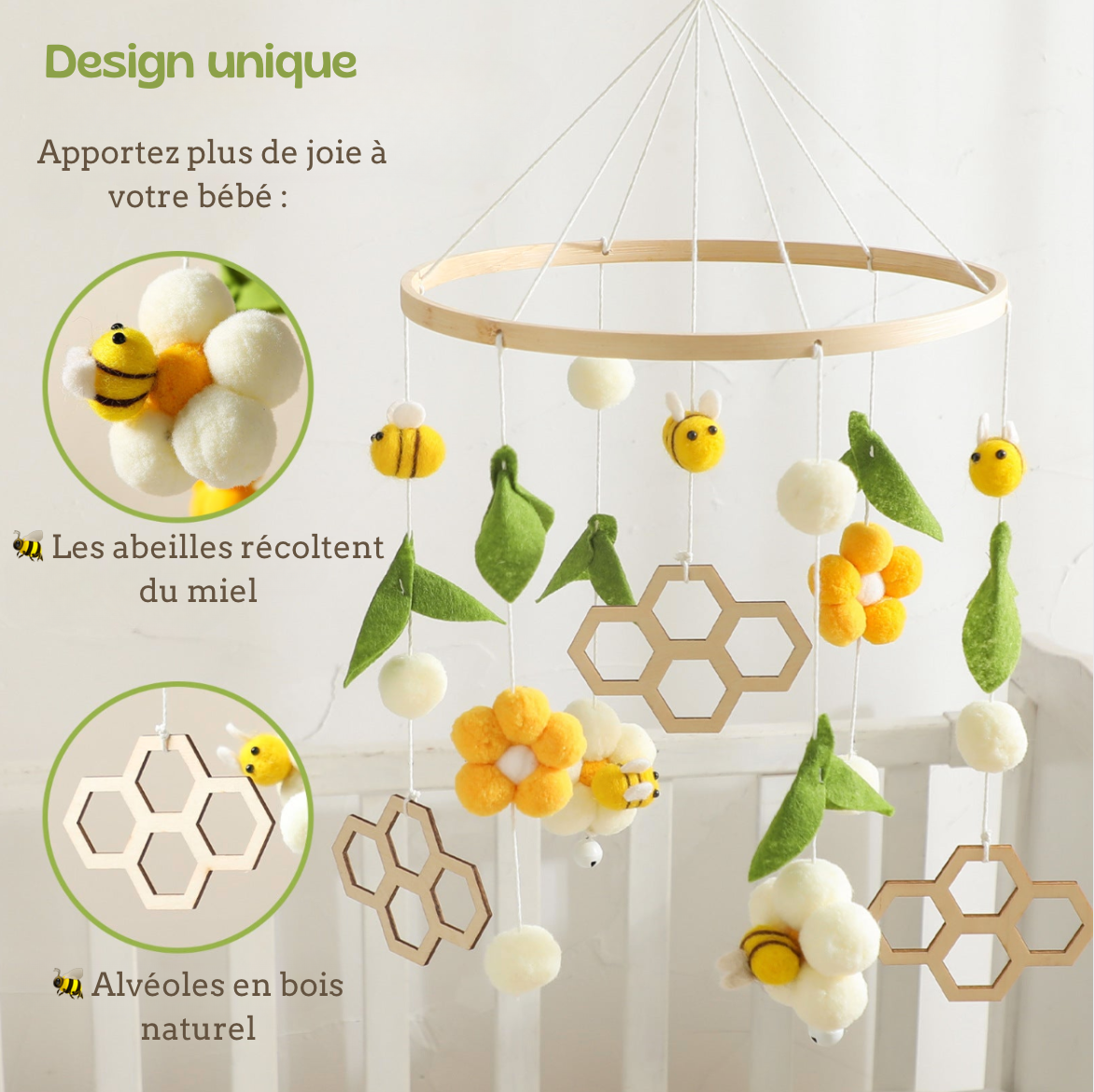 Cloche de lit  "Abeilles et Fleurs" en bois naturel 🐝🌼