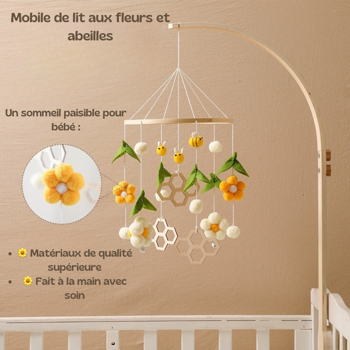 Cloche de lit  "Abeilles et Fleurs" en bois naturel 🐝🌼